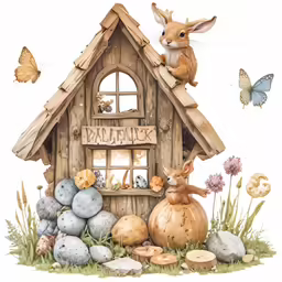 an easter house with rabbits, eggs and butterflies