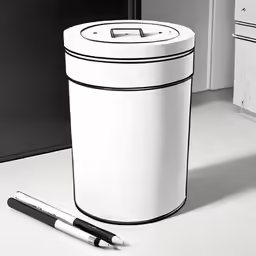 a white waste can sitting next to a marker