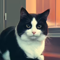 the black and white cat has bright brown eyes