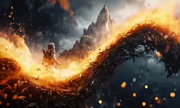 a young boy is running through an abstract fire and stone wall