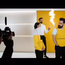 a photographer and two models holding an object