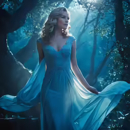 a young woman in a light blue gown with a flowing flowing blue dress