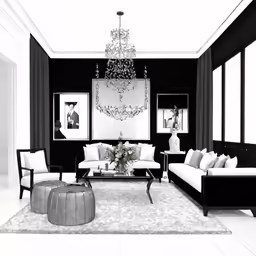 a large room with white and black furniture