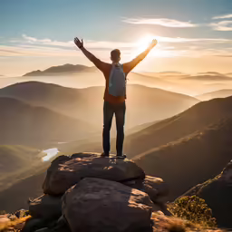 man with his hands up, on top of a mountain