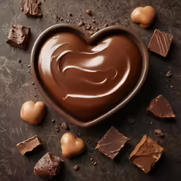 chocolate hearts and several chocolate pieces arranged around them