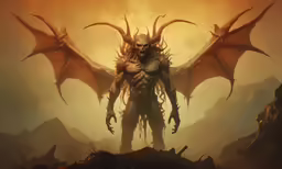 a demon on a mountain looks at a giant evil man