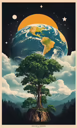 a tree is growing on a rock under the moon and earth