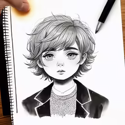 a hand that is holding a drawing of a boy