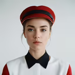 a woman wearing a red hat with black trim