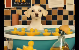 a dog is getting a bath in an empty tub