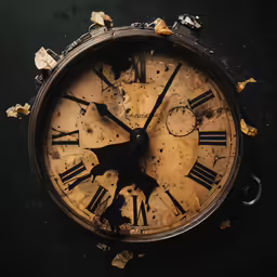 an old clock with no numbers inside sitting on a table