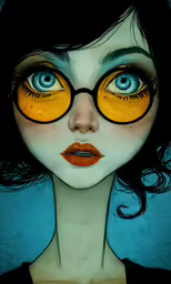 a woman with big yellow glasses on her eyes