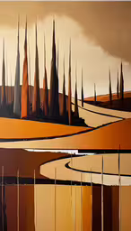 there is a painting with many different colors on it,the painting is showing an abstract desert landscape with orange and brown hues