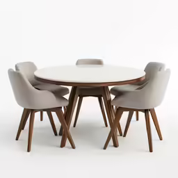round dining room table with grey chairs on white background