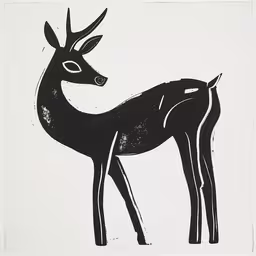 a black and white drawing of a deer,a black and white painting with an animal in the background