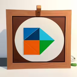 a wooden picture frame with a paper cut design in it,a colorful circle made up of squares in a frame,a picture with a triangle in it hanging up,colorful tile on white with brown border around frame,a square has been cut into to resemble an image
