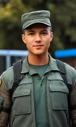 a man with a hat and vest standing in front of trees