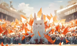 a bunny rabbit made out of orange flags is surrounded by other orange flags