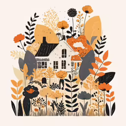 a drawing of a house surrounded by flowers and foliage