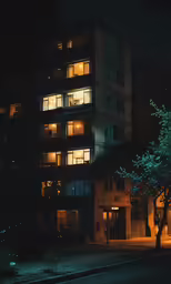 a lit up green tree in front of an apartment building at night