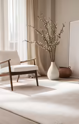 the minimal white interior has a vase and chair