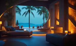 a room with couches and lamps near large windows