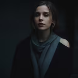a woman wearing a scarf stares off to the left