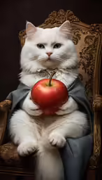 the cat is sitting in a chair holding an apple