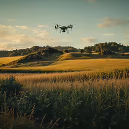 a plane flying in the air over a grassy area