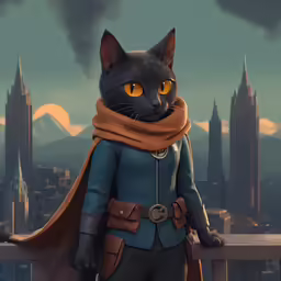 a black cat wearing a cloak and dress on a balcony