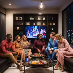a group of people are having a conversation on a couch