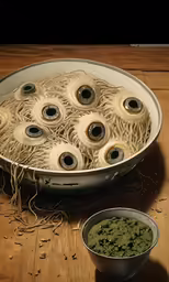 a pan of noodles with eyes and sprinkles in it