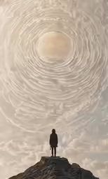 a man standing on top of a rock near a huge disc of white circles in the sky