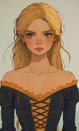 a young girl with blond hair and blue dress