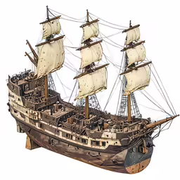 the wooden ship has three masts and no sails