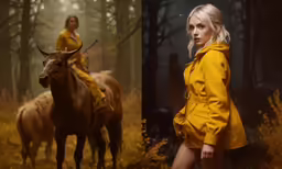 two photos one shows woman on horseback while the other shows her cow