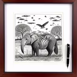 framed art print depicting an elephant with birds in flight,an elephant in a picture frame with a pen next to it