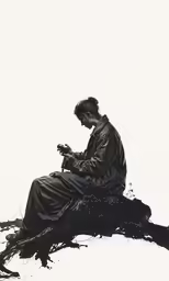 the image shows a man sitting on a tree branch and looking at his cell phone