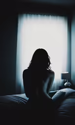 the silhouette of a woman sits on a bed