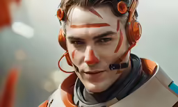 a man in a costume with earbuds and a helmet on