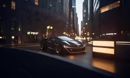 a lamb sports car in the city with buildings