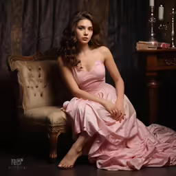 a woman is sitting on a chair wearing a dress