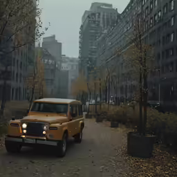 a yellow jeep driving down a street past tall buildings