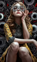 a woman with a mask over her eyes sitting in front of some speakers