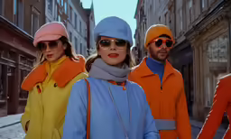 three women walking down a city street with two of them wearing winter clothes and accessories