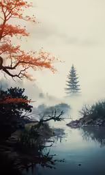 an artwork style image shows trees and a calm lake