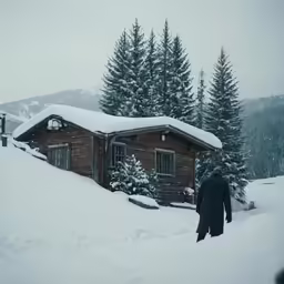 two men walk on the snow towards a wooden building