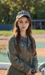 a female in a grey hat and coat on a baseball field
