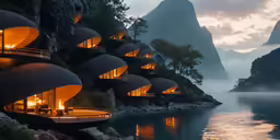 a scenic mountain resort with a lit up area near water