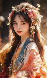 young asian woman with flowered headpiece in street